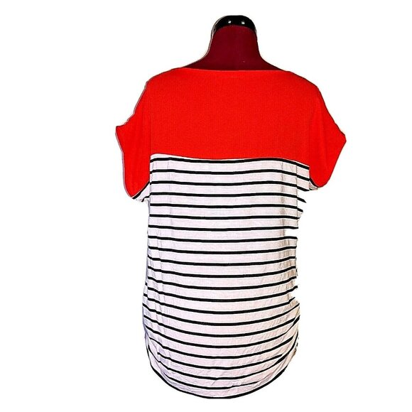 Olivia Moon Top Multicolor Women Ruched Striped Size Large Short Sleeves - Picture 2 of 8